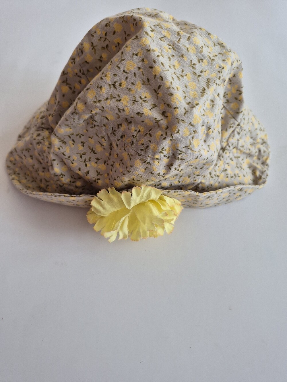 Vintage Baby Toddler Floral Yellow Cotton Sun Hat with Flower Accent